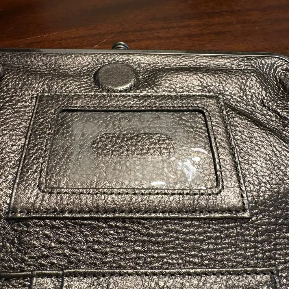 HOBO Lauren Leather Clutch Wallet Pewter Gray Metallic Double Kiss Lock Studded